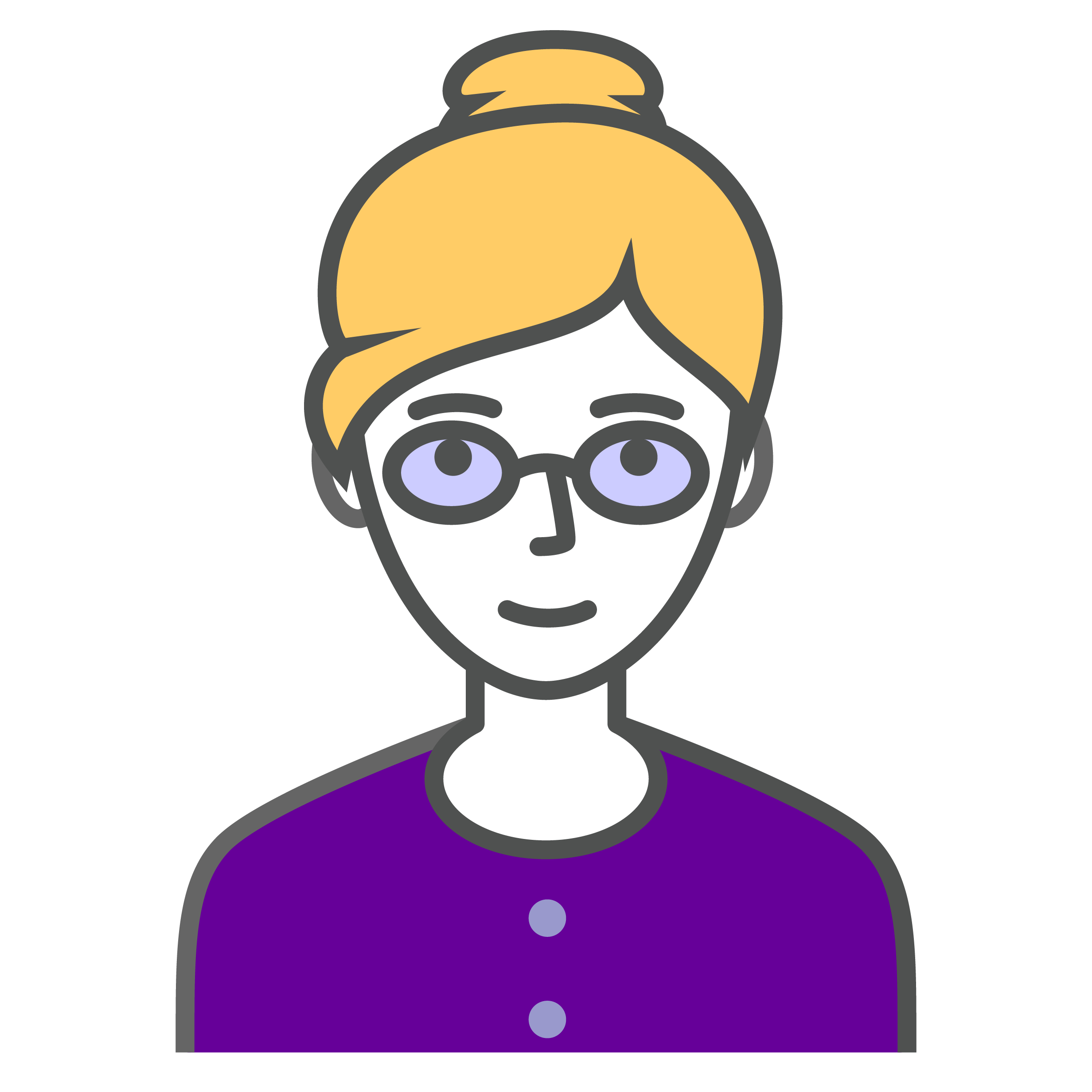 An illustration of a woman with blonde hair in a bun, wearing glasses and a purple sweater