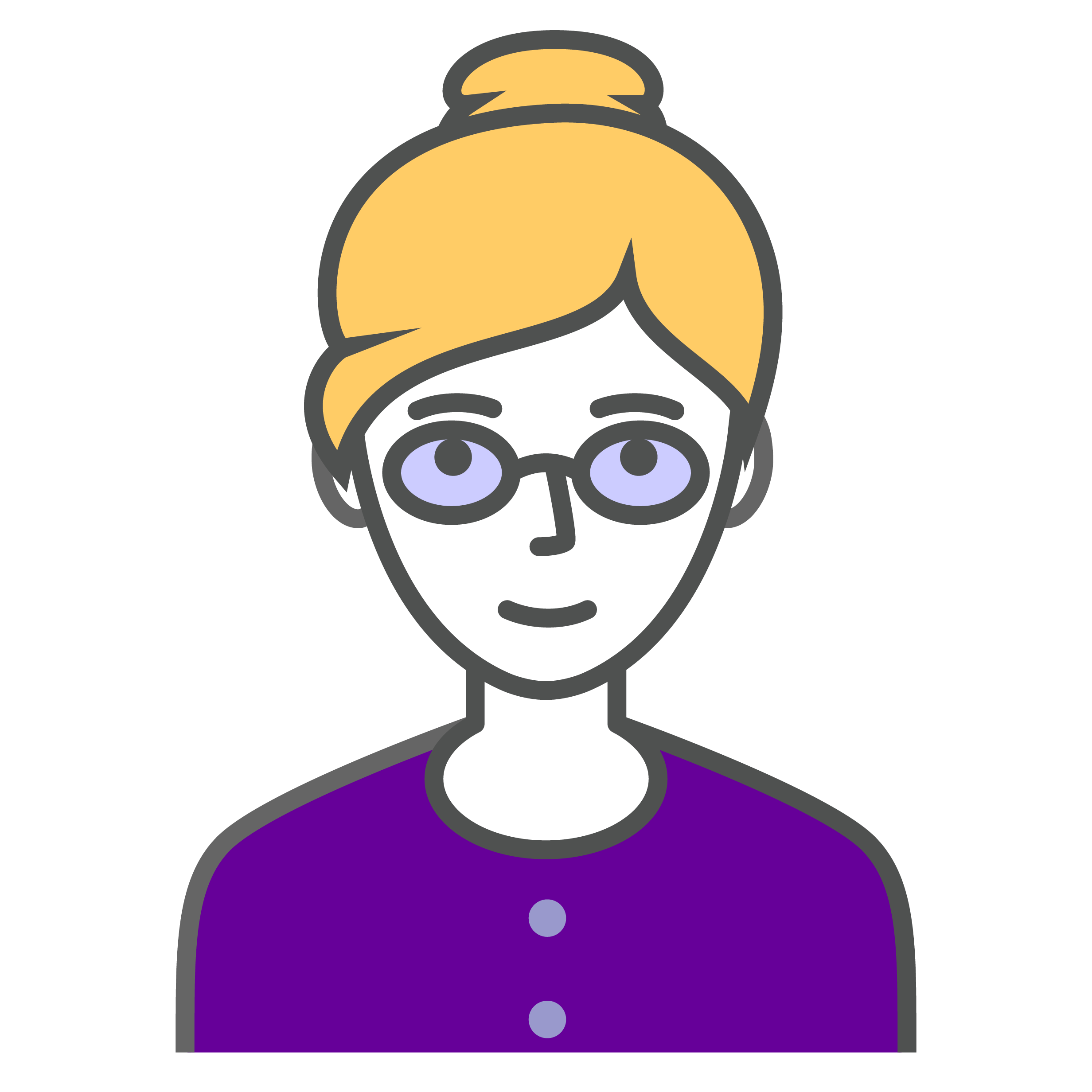 An illustration of a woman with blonde hair in a bun, wearing glasses and a purple sweater